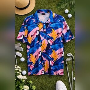 Bad Birdie Pink Blue Tucan Pattern Poly S Sleeve Golf Polo Shirt Mens Size Large
